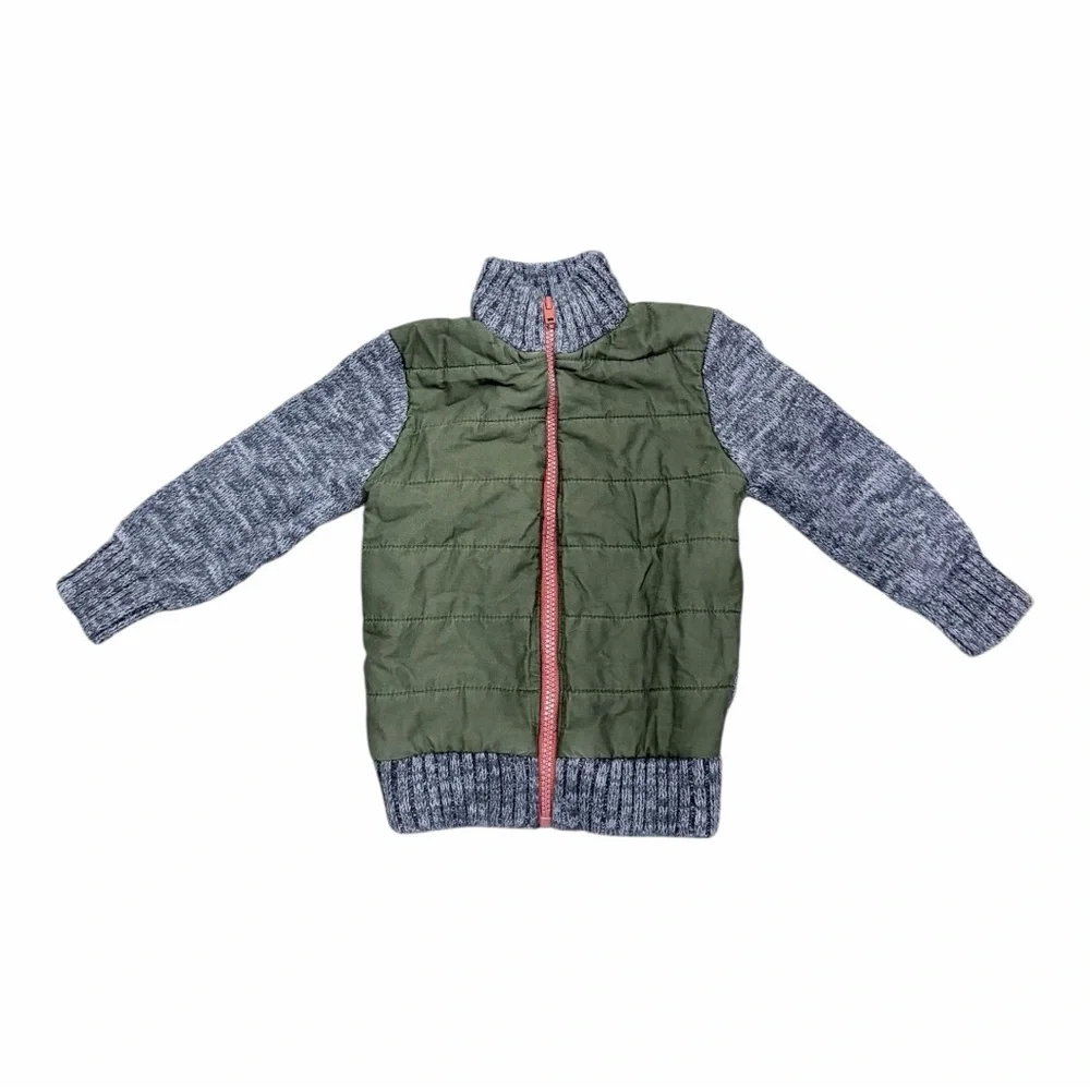 Cat & Jack Kids 3T Full Zip Quilted Knit Hybrid Jacket Olive Green Grey Sherpa